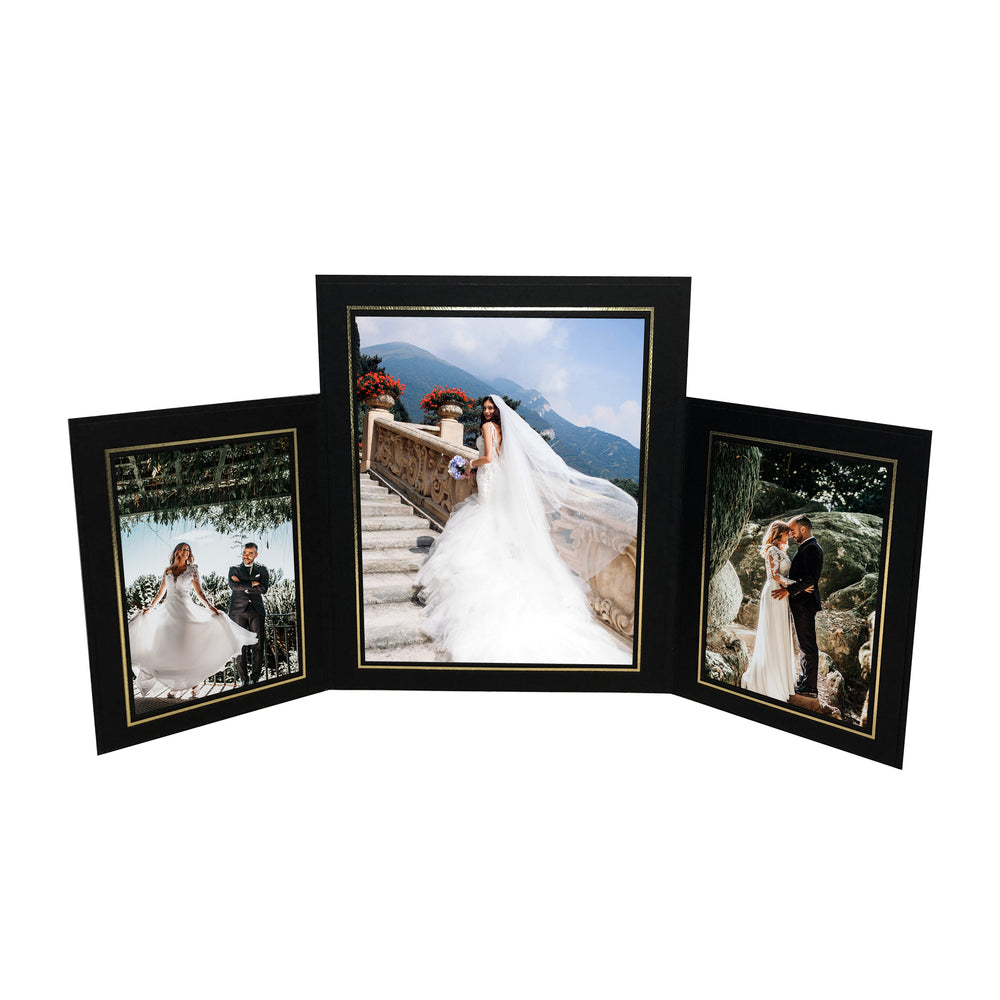 5x7/8x10/5x7 black Tri-Pod Folio frame with gold trim