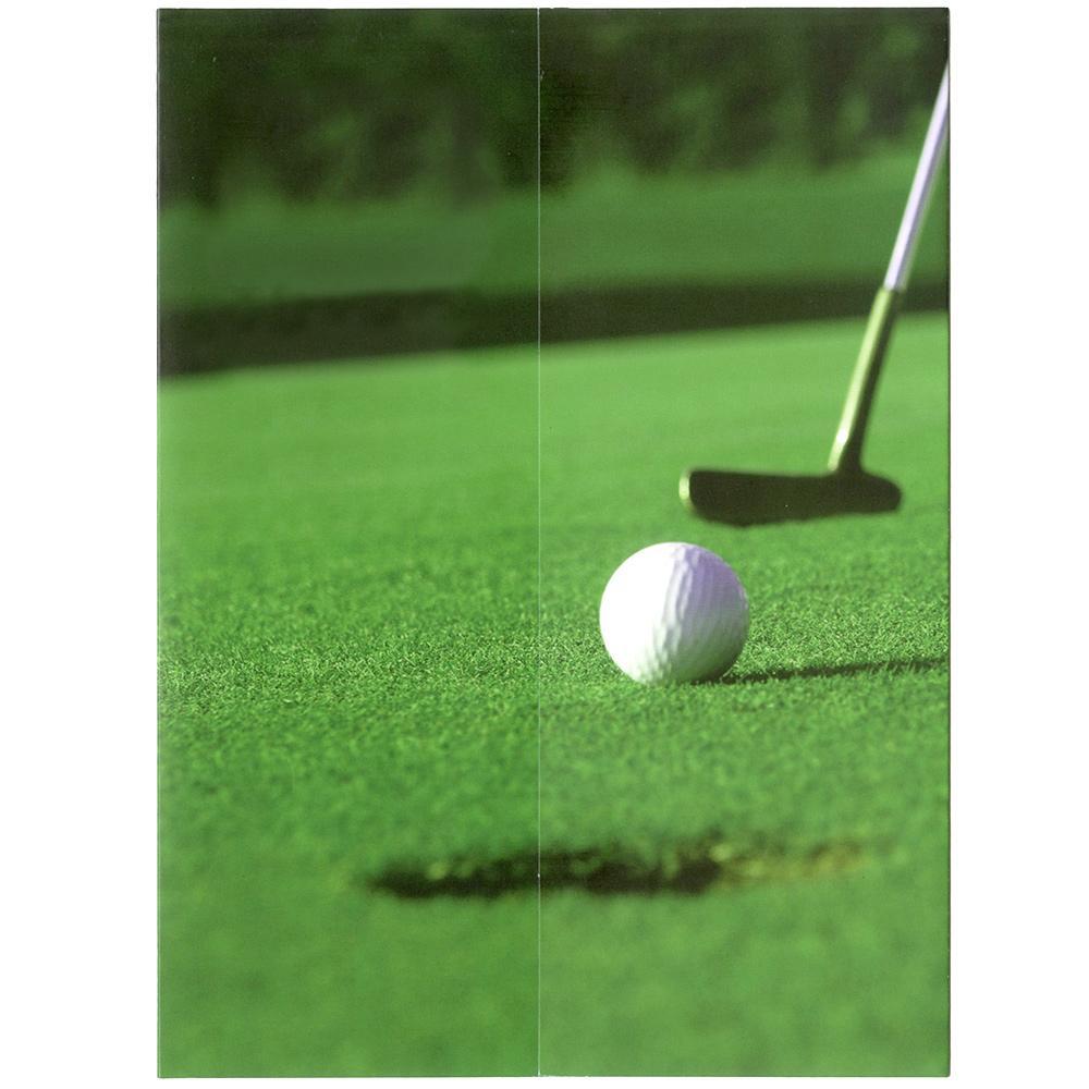Gate-fold cover of Putting Green Folder frames in vertical orientation
