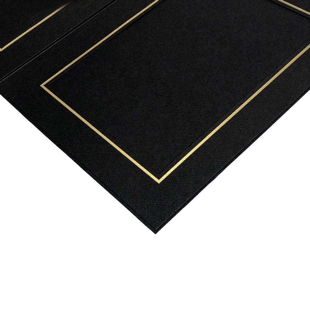 Corner of black Tri-Pod Folio frame with gold trim